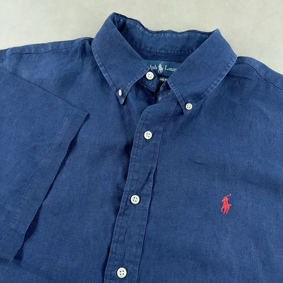 Ralph Lauren Shirt Mens XL Button Down 100% Linen Blue Casual Polo Pony - Picture 1 of 10
